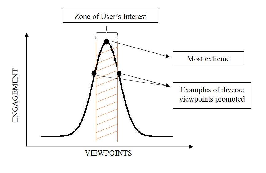 Bell curve, with "Viewpoints" along the X axis, and Engagement along the Y, with a shaded area representing the user's potential interest in the middle