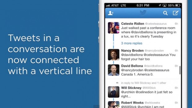 Twitter promotional material demonstrating the conversation view: "Tweets in a conversation are now connected with a vertical line"